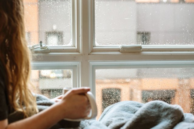 A person holds a mug while they look out of a window