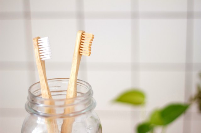 An image of two toothbrushes in a mason jar