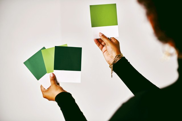 A woman looks at different green paint cards