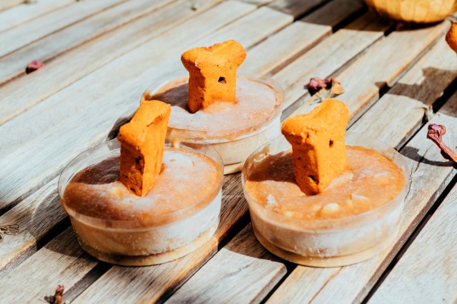 Baked pet treats with doggy biscuits sticking out of the top