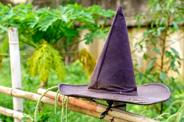 An image of witches hat on a fence