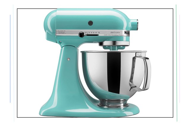 An image of a teal KitchenAid stand mixer