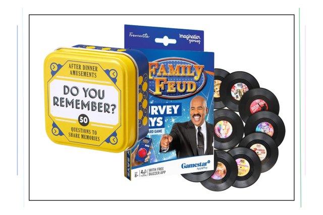 An image a question game, a Family Feud game, and record coasters