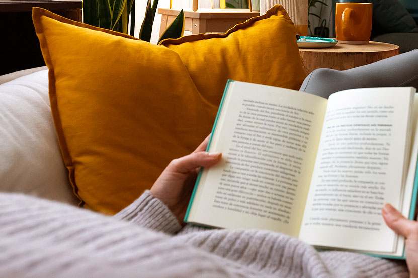 An image of a person reading a book on the couch