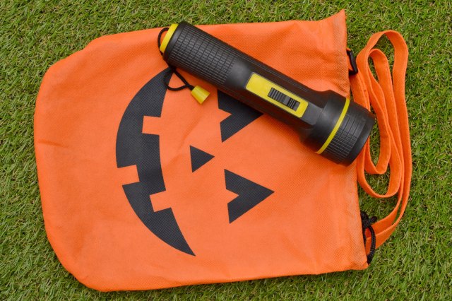 An image of a black flashlight on top of an orange jack-o'-lantern tote bag on the grass