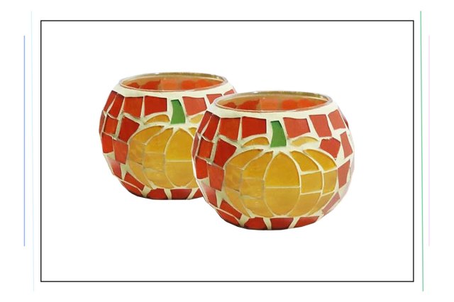 An image of two mosaic pumpkin candle votives