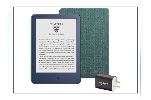 An image of an Amazon Kindle, cover, and plug