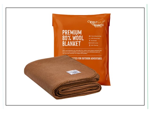 An image of a brown wool blanket and its orange packaging 