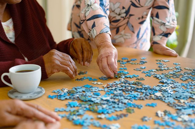 An image of two people putting a blue puzzle together