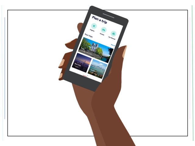 An image of a hand holding a phone with the Skyscanner app open