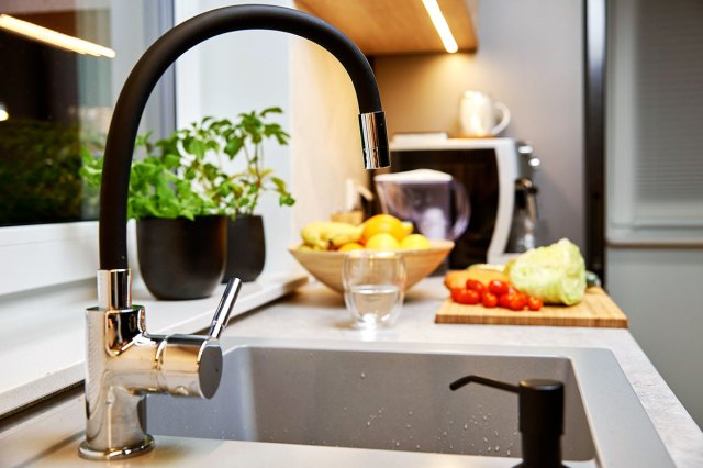 An image of a kitchen sink with fruit and vegetables on the counter