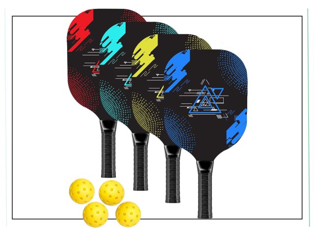 An image of pickleball paddles and balls