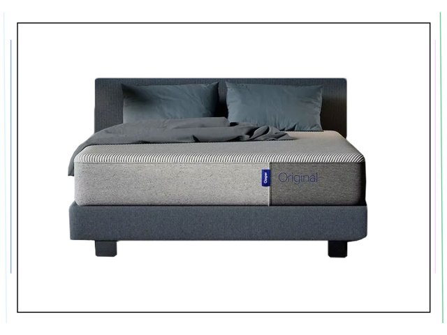 An image of a Casper mattress on a fabric bed frame