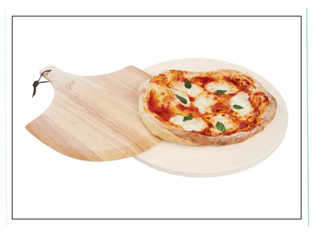 An image of a pizza, a pizza stone, and a pizza paddle