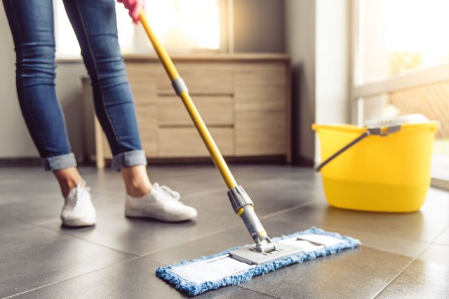 An image of a woman mopping the floor