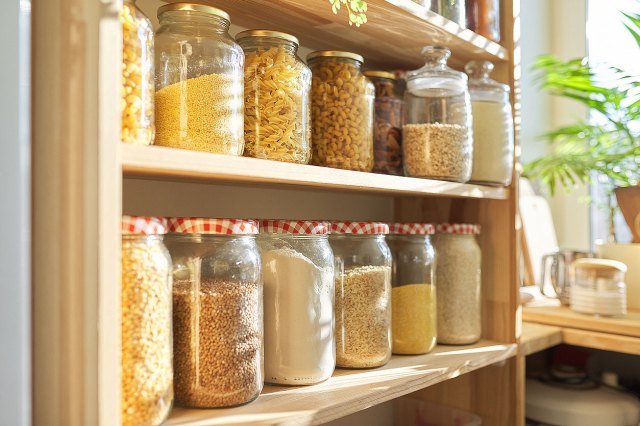 An image of jars of pasta and grains on shelves