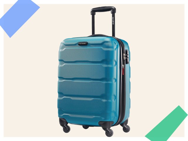 An image of a blue carry-on suitcase