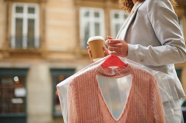 An image of a woman holding a dry cleaning bag with a sweater in it