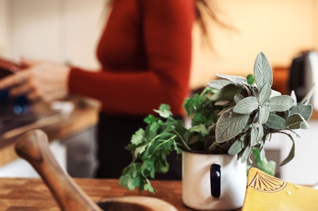 An image of herbs in a coffee mug with a woman in the background
