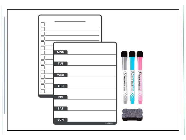 An image of a dry-erase weekly calendar, markers, and an eraser