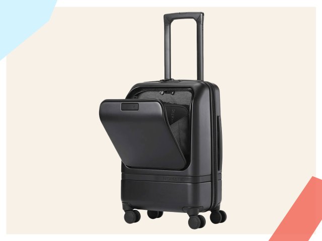 An image of a black carry-on suitcase