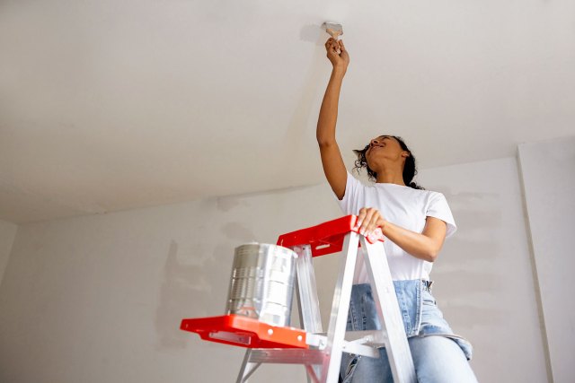 An image of a woman on a ladder painting the ceiling
