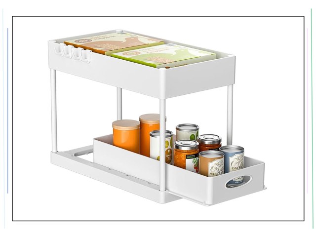 An image of a white sliding cabinet basket organizer