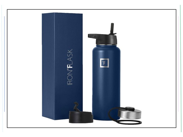 An image of a dark blue water bottle and box
