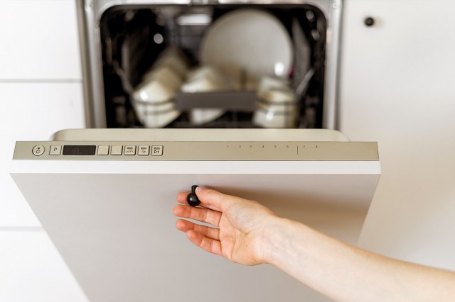 An image of a hand opening a dishwasher