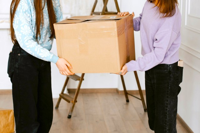 An image of two women holding a cardboard box