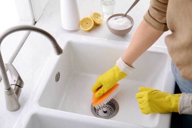 An image of a person scrubbing a sink with an orange brush