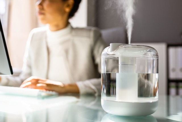 An image of a humidifier with a woman on a computer in the background