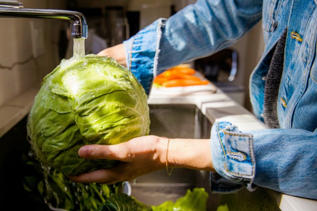 An image of a woman washing a head of cabbage