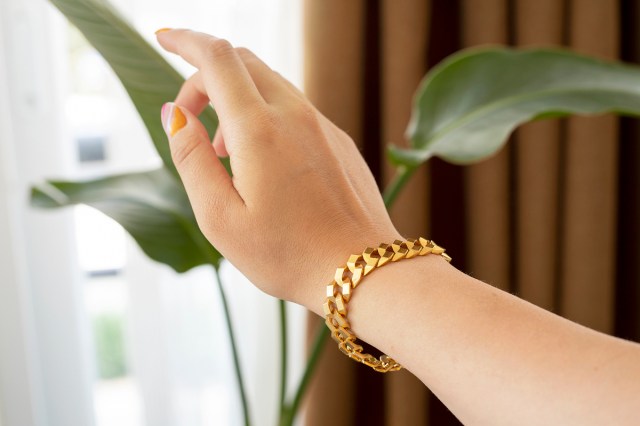 An image of a hand wearing a gold bracelet and touching a houseplant