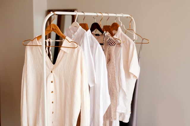 An image of shirts hanging on a clothing rack