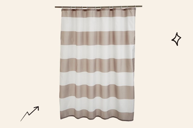 An image of a brown and white striped shower curtain