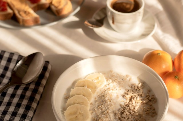 A bowl of oatmeal on a table