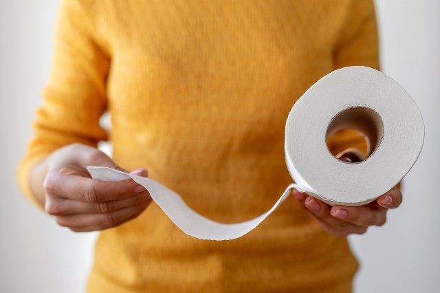 An image of a person holding a roll of toilet paper