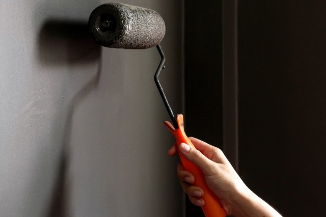 An image of a hand rolling black paint onto a wall