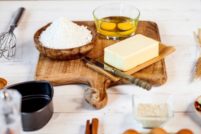 An image of baking ingredients on a cutting board