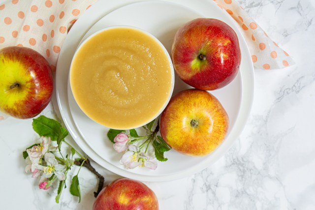 An image of a bowl of applesauce and apples on a plate