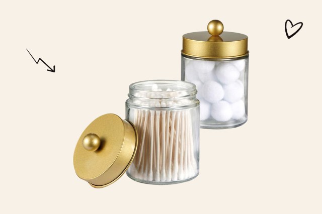 An image of clear apothecary jars with gold lids