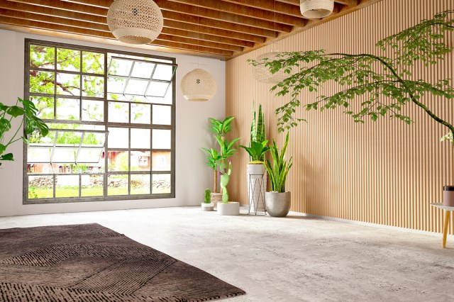 An image of an open room with large windows and plants
