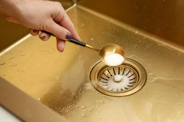 An image of a person dumping a spoonful of salt down a drain