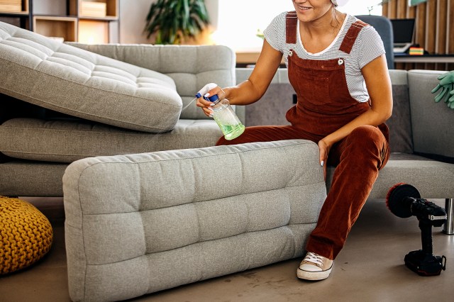 An image of a woman cleaning a couch
