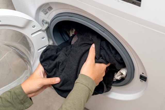 An image of a person putting clothes into a dryer