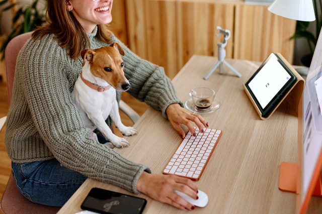 An image of a woman on the computer with a dog on her lap