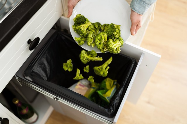 An image of a plate of broccoli being thrown in the trash