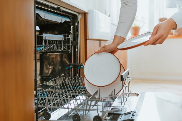Person loading white plates into a dishwasher