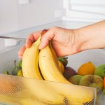 Person placing bananas in a refrigerator bin